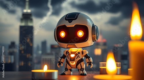 Cute robot toy with glowing eyes and candles in city background illustration