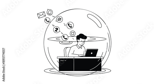 Man working on laptop inside large bubble with icons floating around representing remote work or isolation