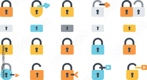 Security Lock and Unlock Icon Set Featuring Padlocks, Access Control States, Privacy Protection, Authorization Symbols, and User Interface Security Indicators