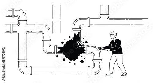Man stopping black liquid spill from industrial pipes with tool
