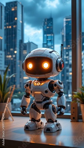 Futuristic robot ai assistant standing in modern office with city view