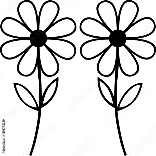 Two Simple Hand Drawn Daisy Flowers with Stems and Leaves Minimalist Black and White Line Art Illustration for Coloring Garden and Nature Design Projects