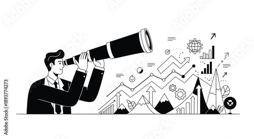 Businessman in suit looks through telescope at rising graphs and charts symbolizing growth and success