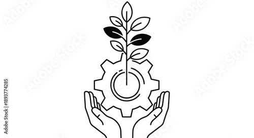 Hands cradling gear with growing plant symbolizing eco friendly technology and sustainable innovation
