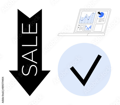 Sales performance, data analysis, business strategy, financial downturn, decision making, marketing insights. Arrow pointing down with sale text, charts check mark. Sales performance and data