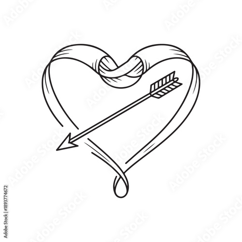 Heart shape with arrow, cupid's arrow piercing love, romantic symbol, black and white illustration