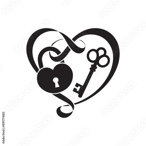 Heart padlock and key illustration, vintage love lock symbol, securing commitment and trust, black and white vector