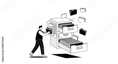 Man pulling papers out of a filing cabinet with drawers open and documents flying out