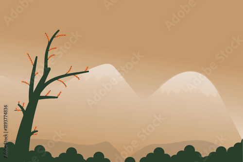 Nature beauty landscape silhouette tree, mountain in winter scene, vector illustration design background