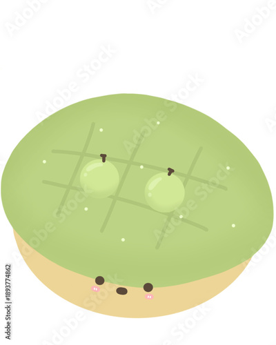 Illustration of a kawaii green grape cream bun, shine muscat cream bread, matcha bread with grapes