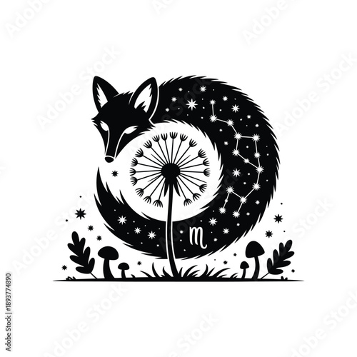 Fox with dandelion and crescent moon in a starry night forest vector illustration for nature and celestial themed graphic designs.