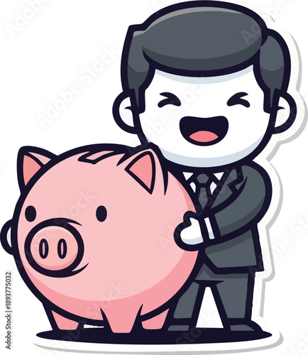 Man in Suit Hugging Large Pink Piggy Bank.