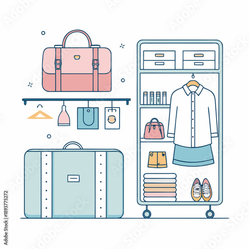 Fashionable clothing and accessories organized in a closet and luggage, showcasing stylish outfits and travel essentials.