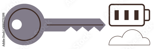 Data security, cloud storage, energy efficiency, technology systems, digital access, modern computing. Key, battery and cloud icon in abstract style. Data security and cloud storage concept