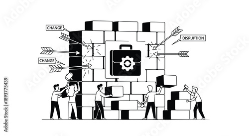 Business strategy concept with people building wall around briefcase with gear representing change and disruption