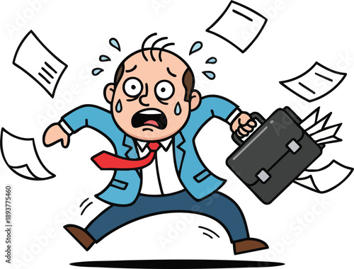 Stressed Man Running with Briefcase and Papers.