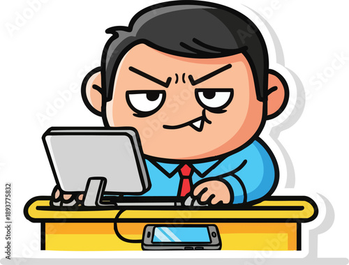 Angry cartoon man working on computer.
