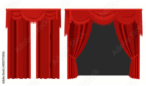 Red Velvet Theatre Curtains Stage Drapery Vector Illustration Set