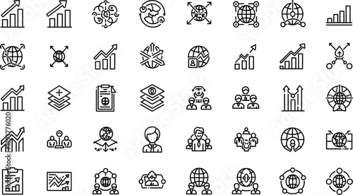 Business Analytics and Global Strategy Line Icon Set Featuring Growth Charts, Data Networks, Team Management, Worldwide Operations, and Corporate Performance Concepts