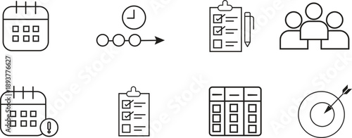 Project management and productivity line icons set with calendar, timeline, checklist, team collaboration, task planning, and goal target symbols with transparent background.