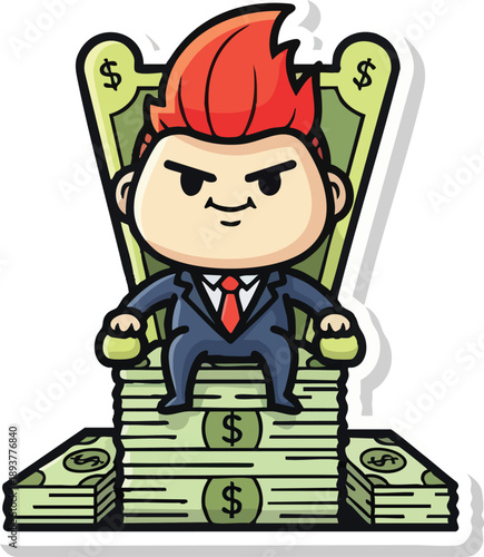 Cartoon Man Sitting on Stacks of Money.