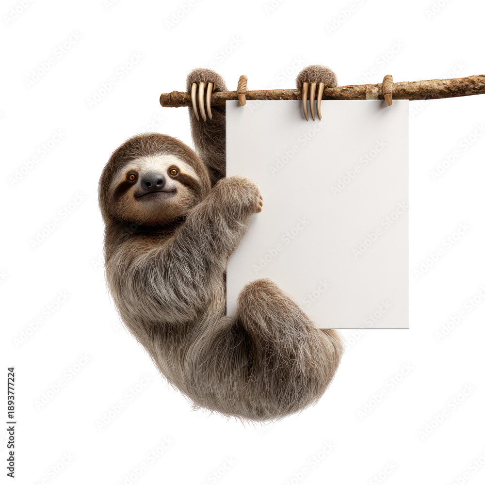 Fototapeta premium A sleepy sloth hanging and holding a blank sign on transparent background