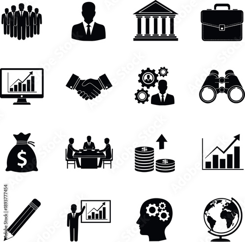 Comprehensive collection of black and white business icons featuring professional teams financial growth charts leadership and global corporate management symbols