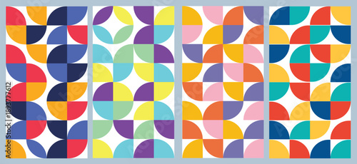 Vibrant Geometric Quarter Circle Patterns – Bold Colorful Abstract Scallop Tiles in Retro Modern Style, Seamless Vector Background Set 