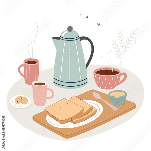 A serene breakfast scene featuring toast, coffee, and pastries on a wooden tray from a bird's eye view on a table