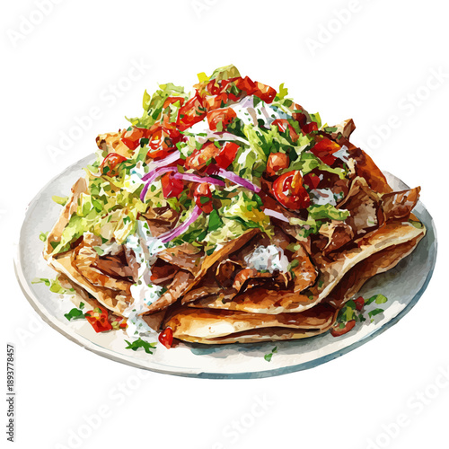 Watercolor Shawarma Plate vector, artistic painting style, high-resolution illustration on a pure white background.