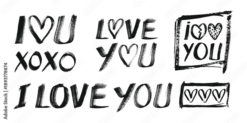 Fototapeta premium Grunge i love you text calligraphy set. Love you words lettering. Brush stroke love typography with romantic hand written phrases and heart shapes. Punk distressed graffiti love icons for Valentines