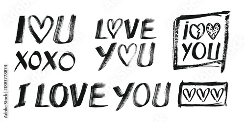 Grunge i love you text calligraphy set. Love you words lettering. Brush stroke love typography with romantic hand written phrases and heart shapes. Punk distressed graffiti love icons for Valentines
