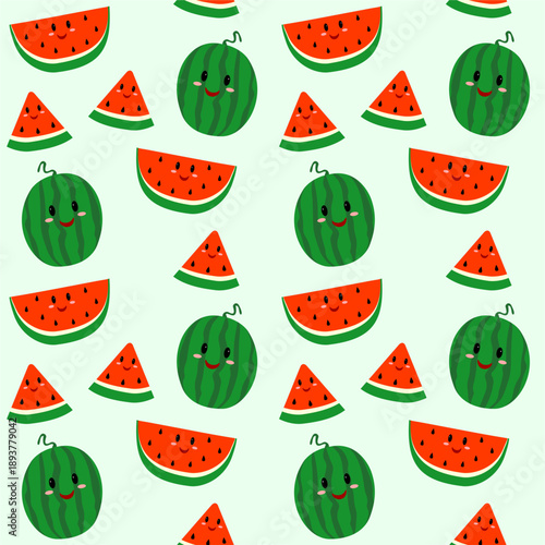 Seamless pattern watermelon fruit cute. Dynamic watermelon pattern of watermelons and slices. Background watermelon fruit cute.