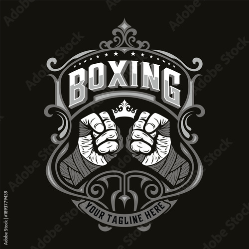 Classic Boxing emblem logo. Fist and Crown, a crown, and typography for Sports Clubs, t-shirt prints, gym logos, boxing club badges, posters, and apparel designs.