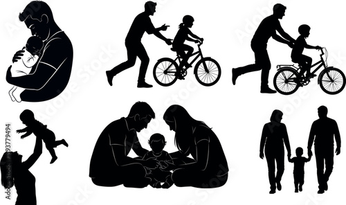 Family Silhouette Set: Father, Mother, and Child Icons. Parenting and Child Development Illustration