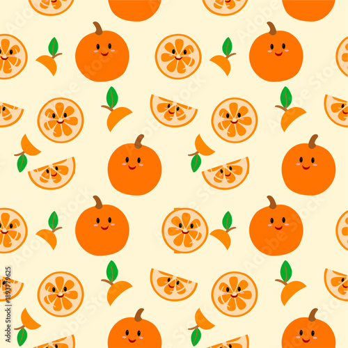 Seamless pattern orange fruit cute. Dynamic orange pattern of oranges and slices. Background orange fruit cute.