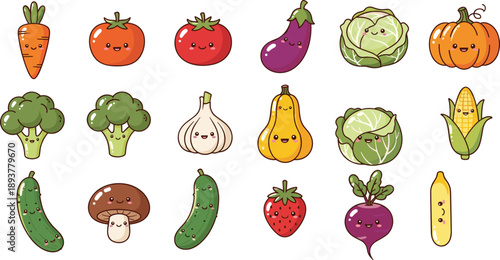 Cartoon fruits and vegetables set, cute faces, carrot, tomato, broccoli, corn, cabbage, strawberry, playful, kids clipart, vector isolated