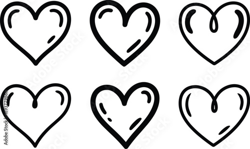 Hand-drawn doodle heart icons set, six unique black outline vector sketches expressing passionate love, romance, and affection for Valentine's Day designs.