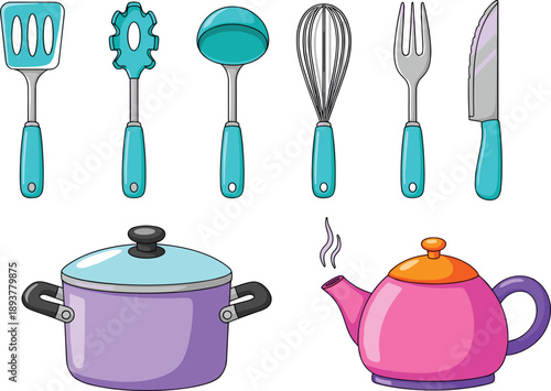 Kitchen utensils and cookware set, spatula, ladle, whisk, fork, knife, pot, teapot, cooking tools, colorful, isolated vector clipart