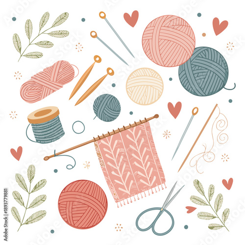 A collection of knitting tools and materials arranged artistically on a white background from a top-down viewpoint