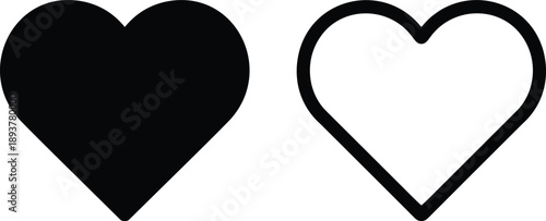Minimal black heart vector icons set: solid filled and outline symbols representing love, preference, and social media like buttons for modern digital interface design elements.