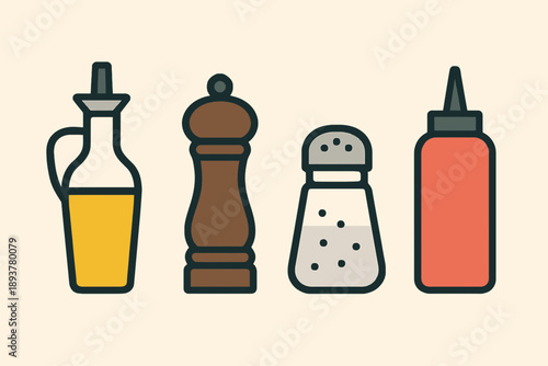 Condiments and Seasonings Oil Pepper Salt and Ketchup Icons.