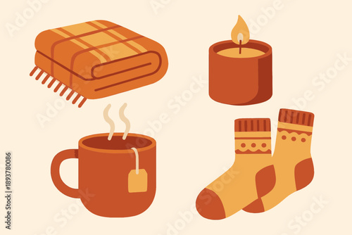 Cozy Autumnal Still Life with Blanket Candle Tea and Socks.