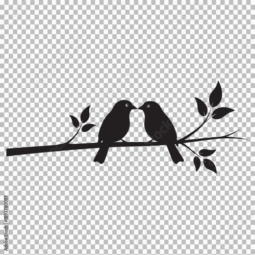 Two birds perched on branch together in love