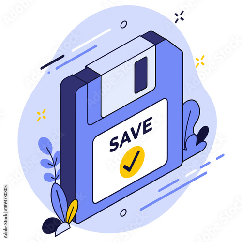 Retro floppy disk with save icon and checkmark