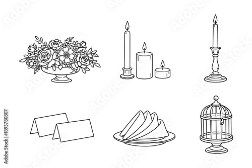 Wedding table decor elements set with candles, flowers and place cards, vector illustration
