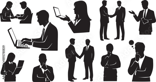 Business professionals in various work and communication settings depicted