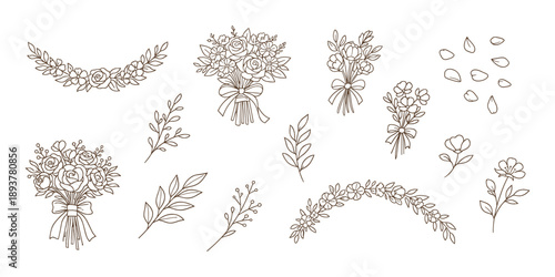 Wedding floral elements collection, hand-drawn bouquets, leaves, and decorative flowers, vector illustration