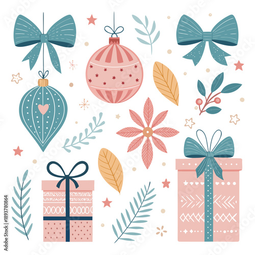 A festive illustration of gift boxes, ornaments, and flowers arranged in a decorative pattern