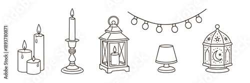 Hand drawn lighting elements collection with candles, lanterns, and string lights, vector illustration